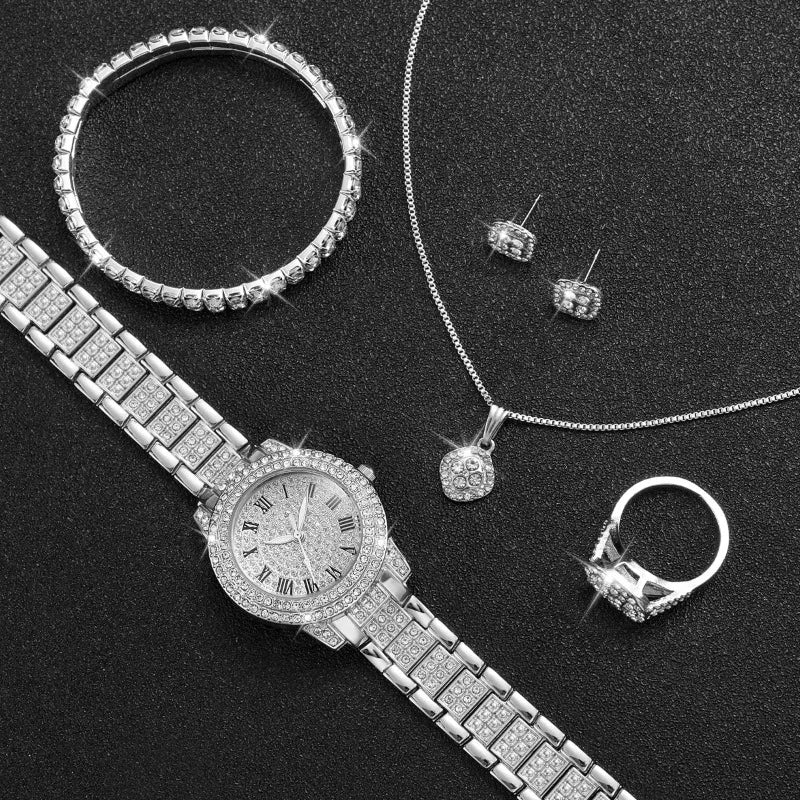 Conjunto Feminino Quartzo e Strass Rose Gold (6 Peças)