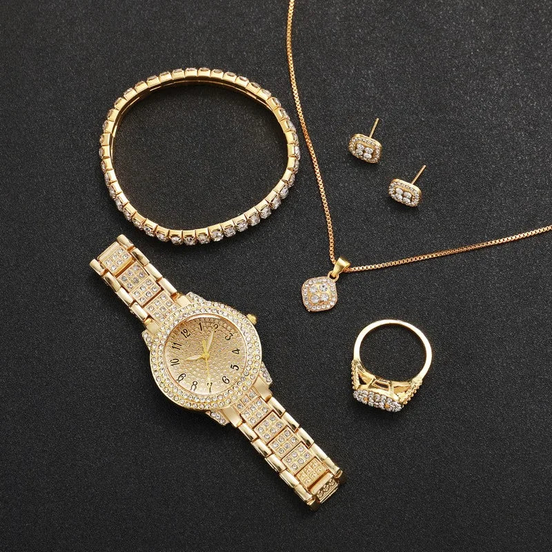 Conjunto Feminino Quartzo e Strass Rose Gold (6 Peças)