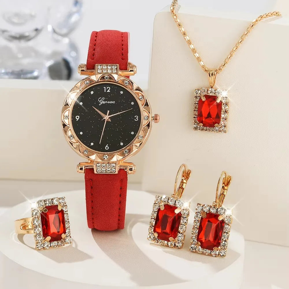 Conjunto Feminino Geneva 5 Peças: Relógio Dourado Rosa e Joias
