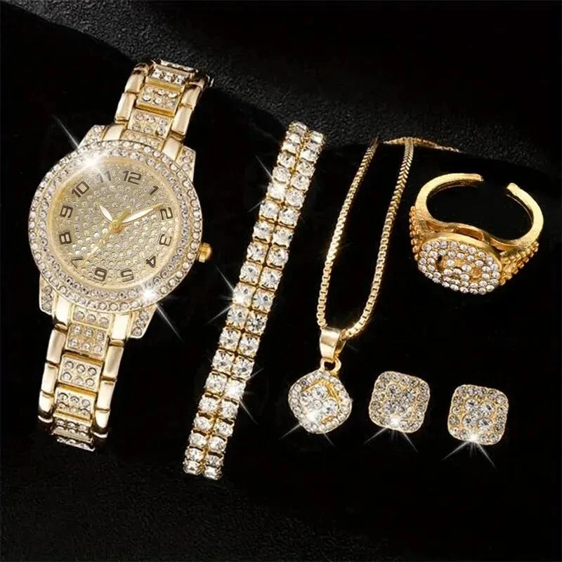 Conjunto Feminino Quartzo e Strass Rose Gold (6 Peças)