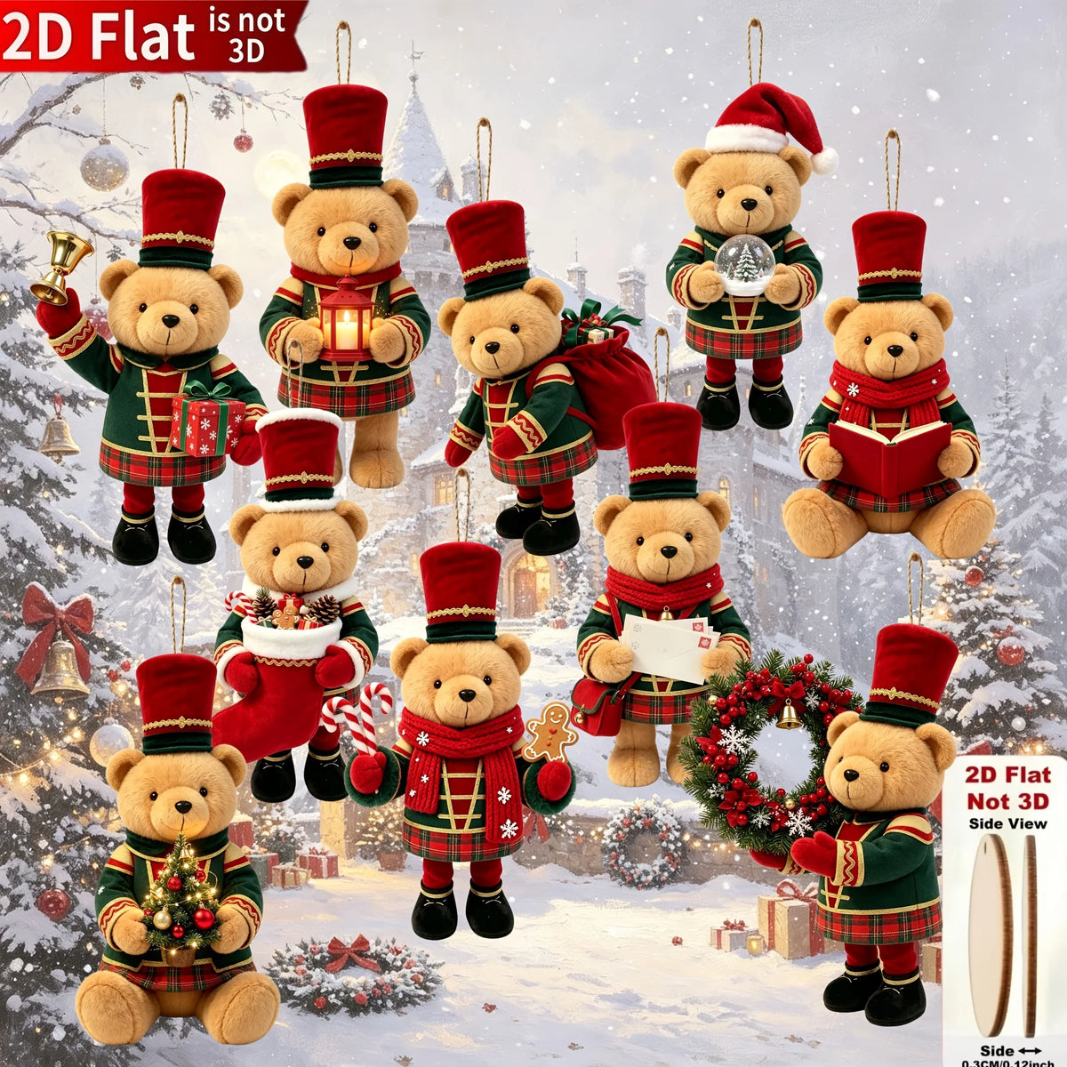 Pendentes de Madeira 2D Ursinhos de Natal (Pack 10 ou 20)