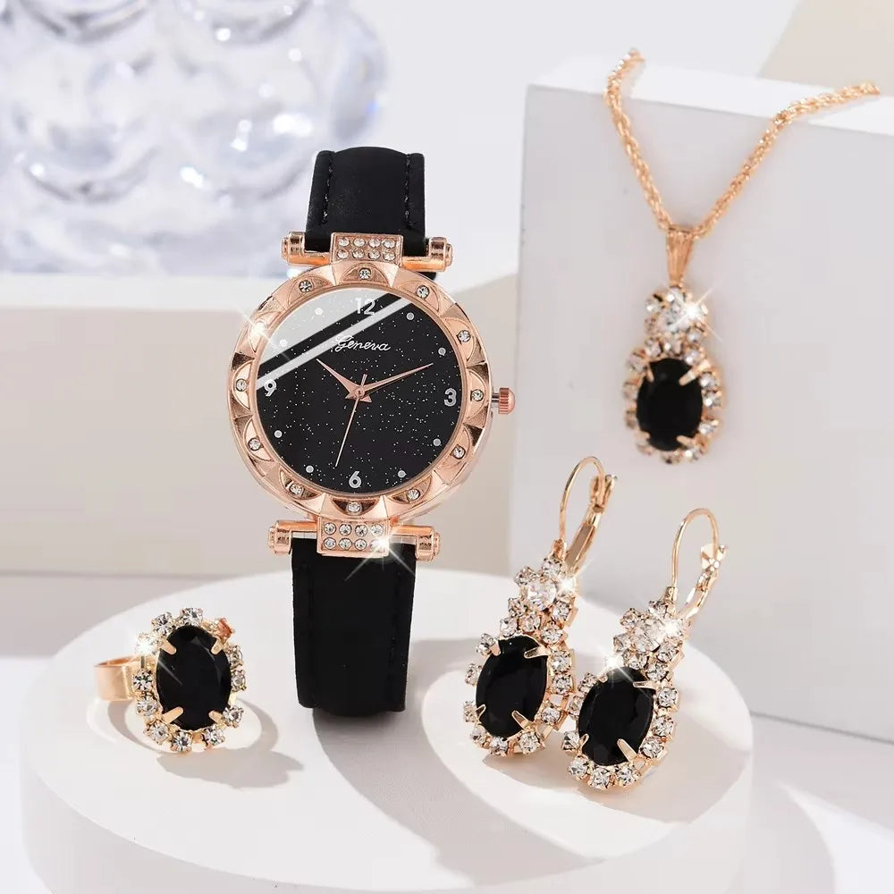 Conjunto Feminino Geneva 5 Peças: Relógio Dourado Rosa e Joias