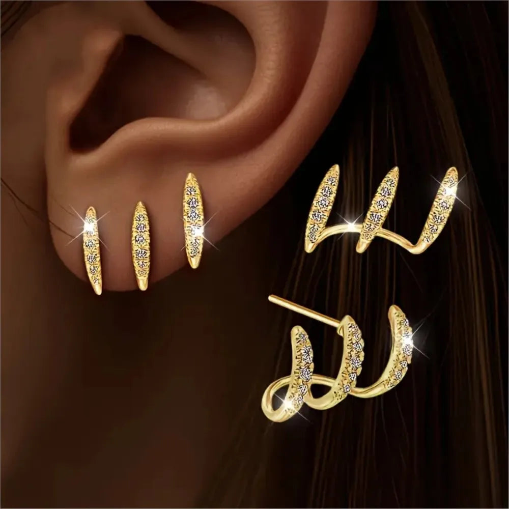 Brincos Ear Cuff Triplo com Strass: O Efeito Multi-Furos Num Só Furo