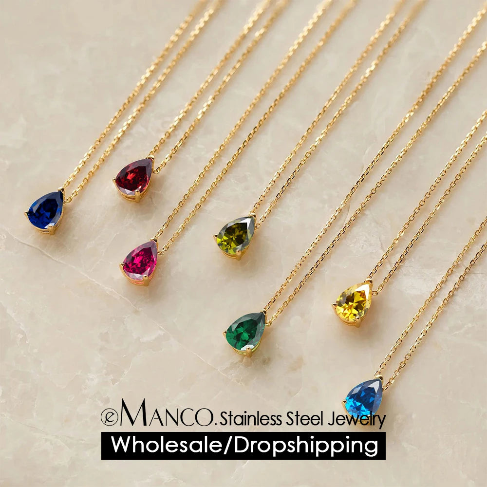 Colar Gota Pedra do Mês em Aço Inoxidável Dourado