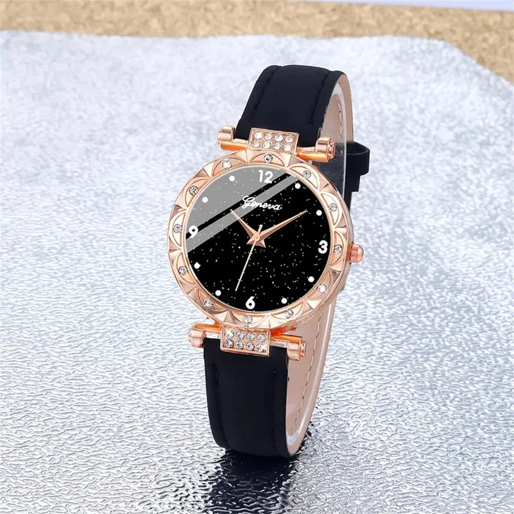 Conjunto Feminino Geneva 5 Peças: Relógio Dourado Rosa e Joias