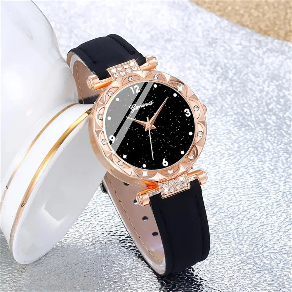 Conjunto Feminino Geneva 5 Peças: Relógio Dourado Rosa e Joias