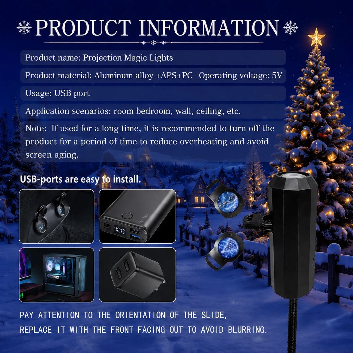 Projetor LED USB Natalício com Haste Flexível e 8 Padrões