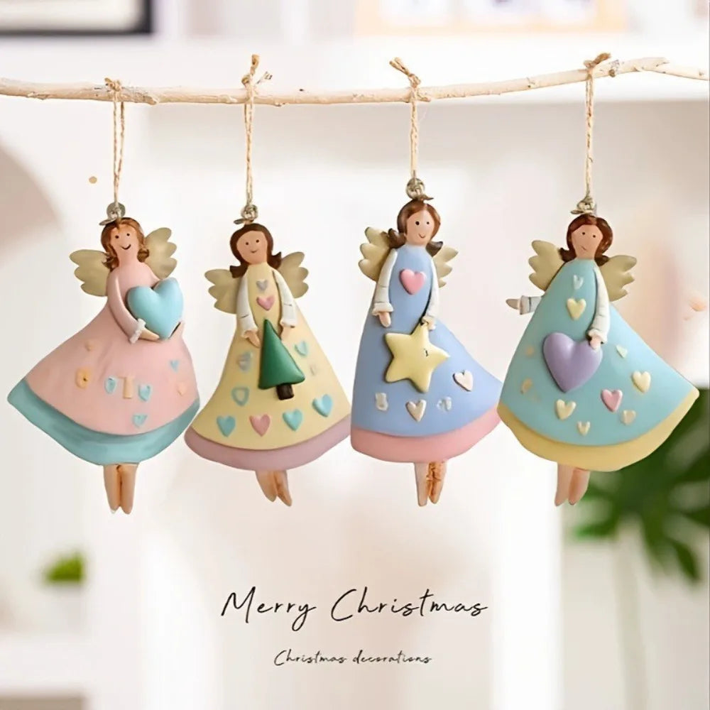 Conjunto 4 Anjos de Natal em Madeira Artesanal