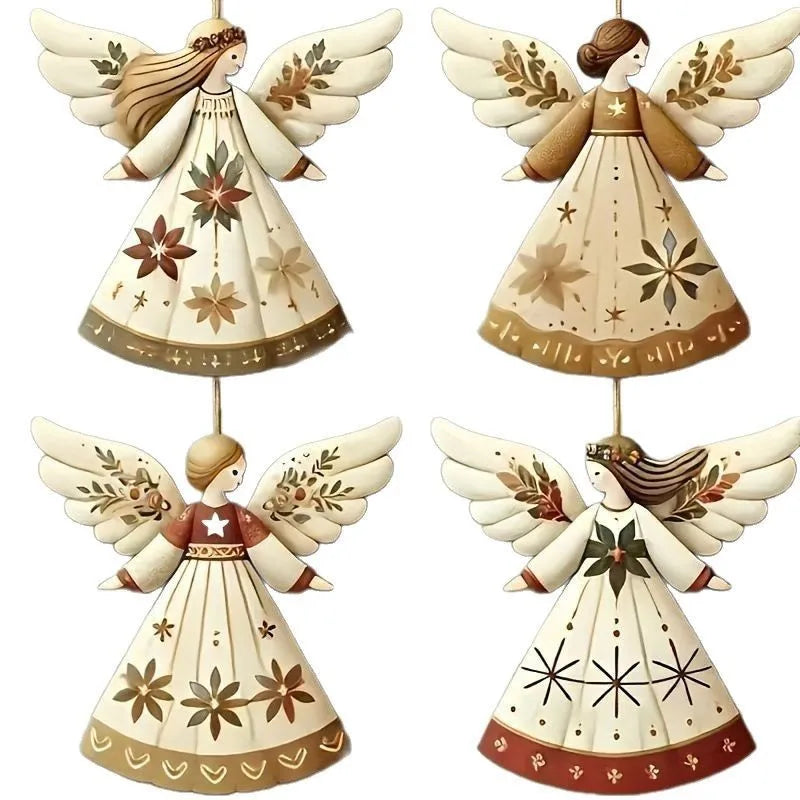 Conjunto 4 Anjos de Natal em Madeira Artesanal