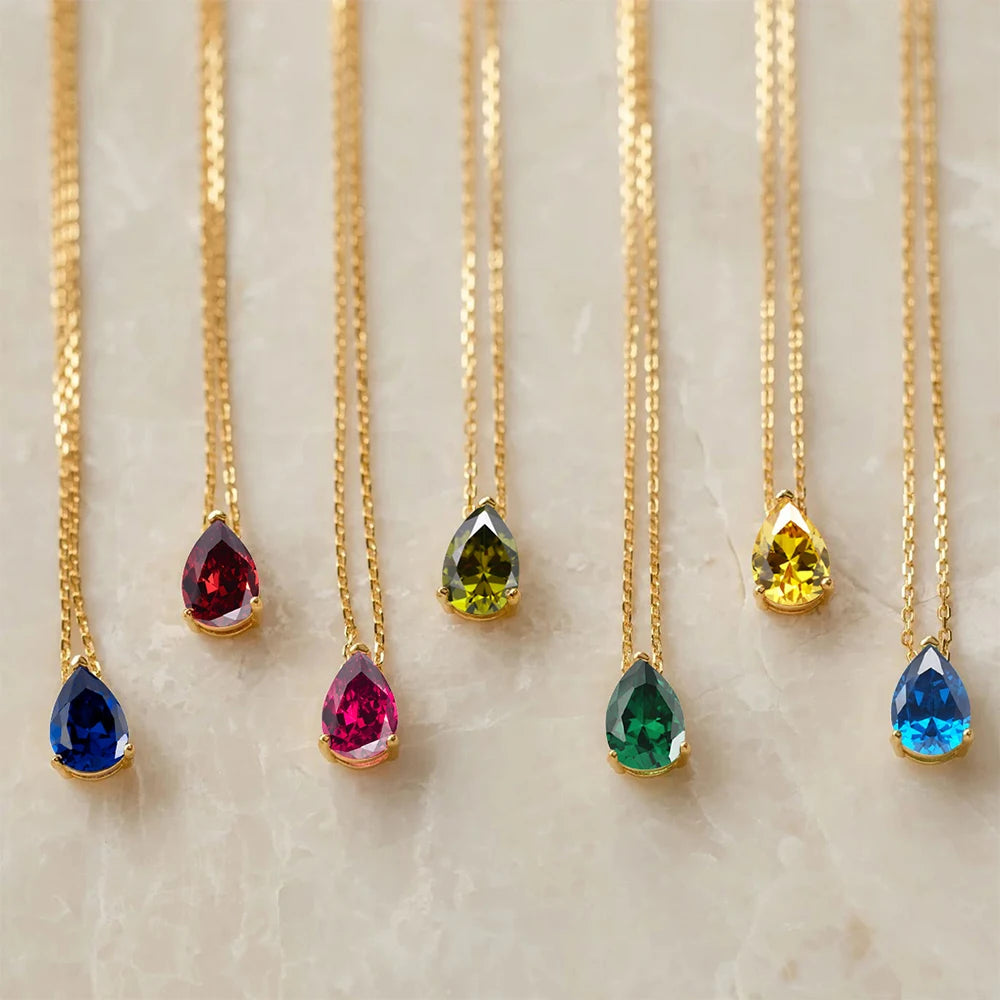 Colar Gota Pedra do Mês em Aço Inoxidável Dourado
