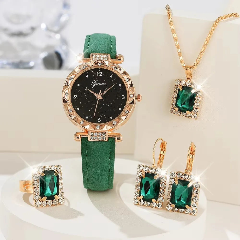 Conjunto Feminino Geneva 5 Peças: Relógio Dourado Rosa e Joias