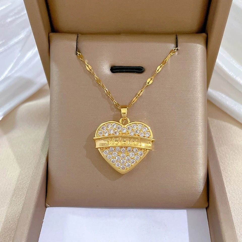 Colar Dourado Coração em Aço Inoxidável com Zircónia