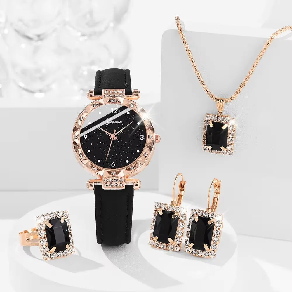 Conjunto Feminino Geneva 5 Peças: Relógio Dourado Rosa e Joias