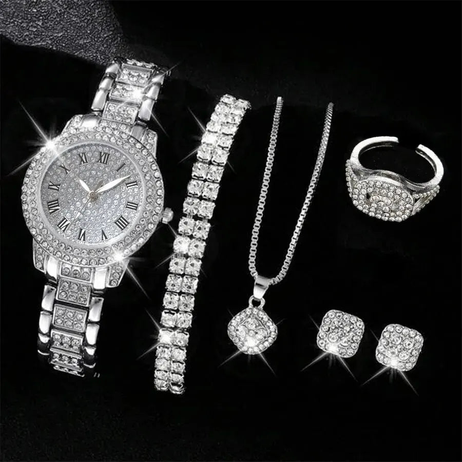 Conjunto Feminino Quartzo e Strass Rose Gold (6 Peças)