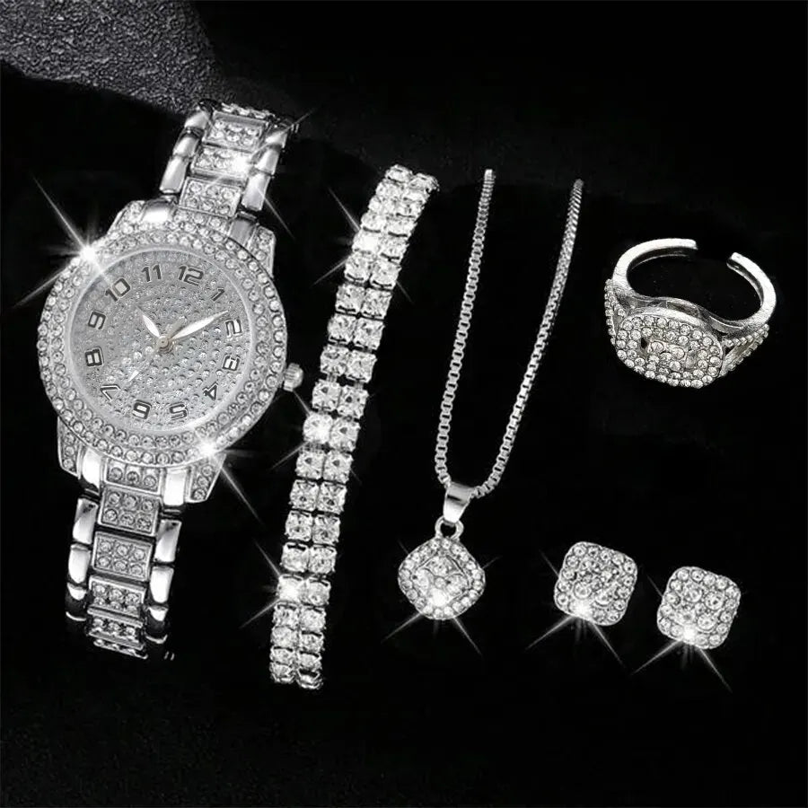 Conjunto Feminino Quartzo e Strass Rose Gold (6 Peças)