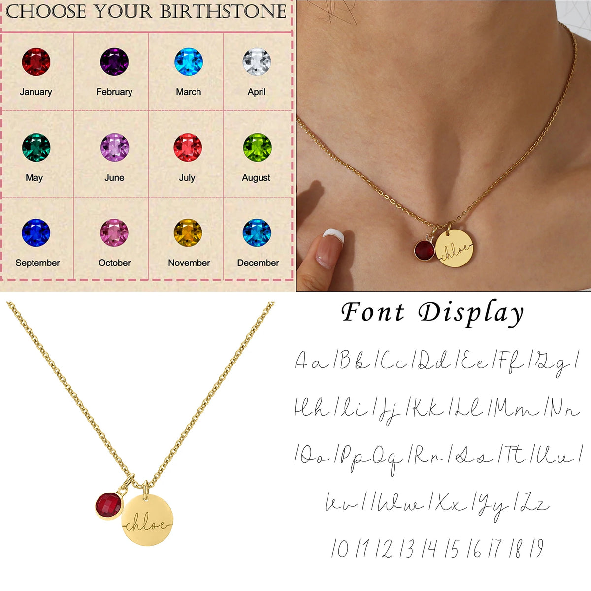 Colar Personalizado com Medalha e Pedra do Mês em Aço