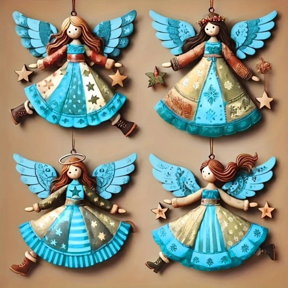 Conjunto 4 Anjos de Natal em Madeira Artesanal