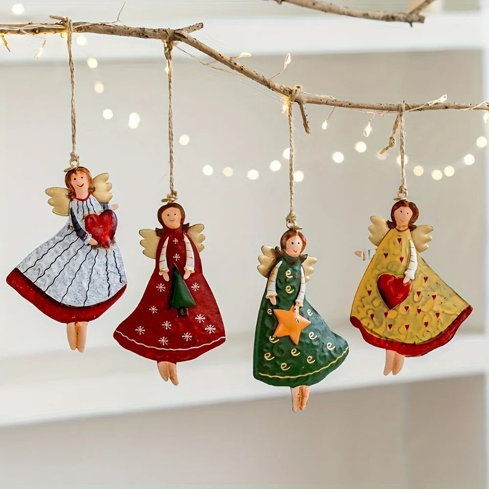 Conjunto 4 Anjos de Natal em Madeira Artesanal