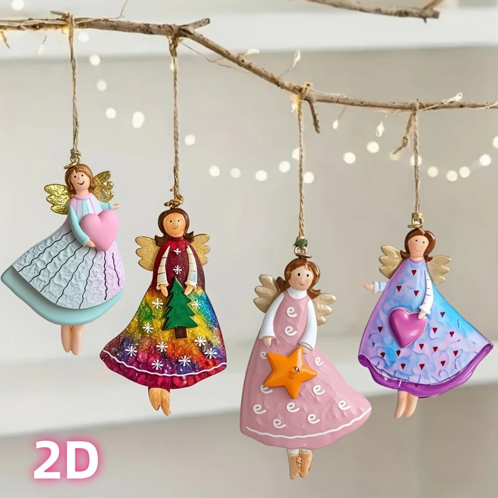 Conjunto 4 Anjos de Natal em Madeira Artesanal