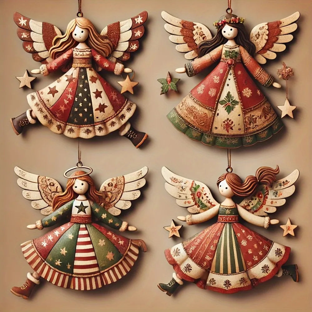 Conjunto 4 Anjos de Natal em Madeira Artesanal