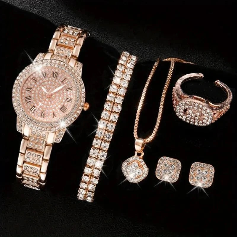 Conjunto Feminino Quartzo e Strass Rose Gold (6 Peças)