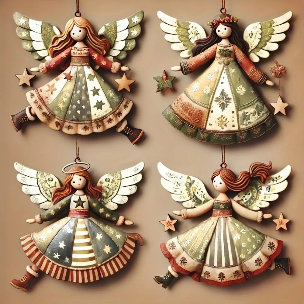 Conjunto 4 Anjos de Natal em Madeira Artesanal