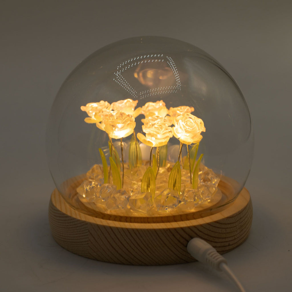 Cúpula de Vidro Floral Glow com Rosas e Luz LED Quente USB