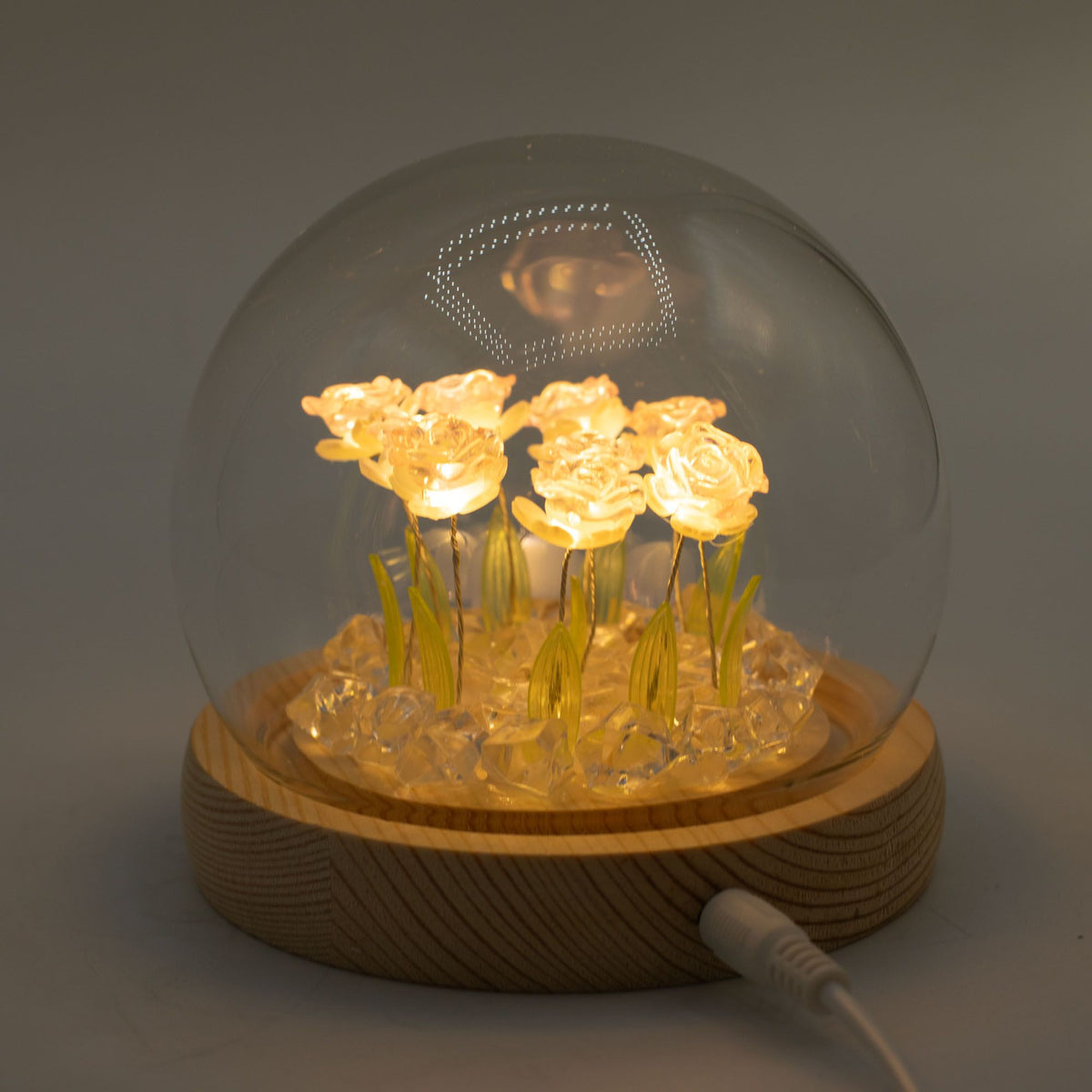 Cúpula de Vidro Floral Glow com Rosas e Luz LED Quente USB