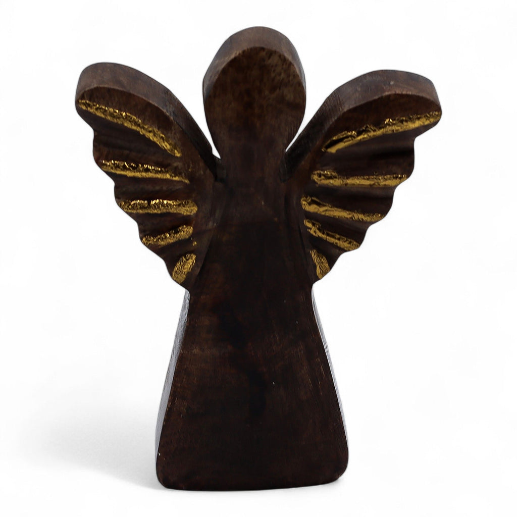 Anjo em Madeira de Mangueira com Asas Douradas (12 cm)