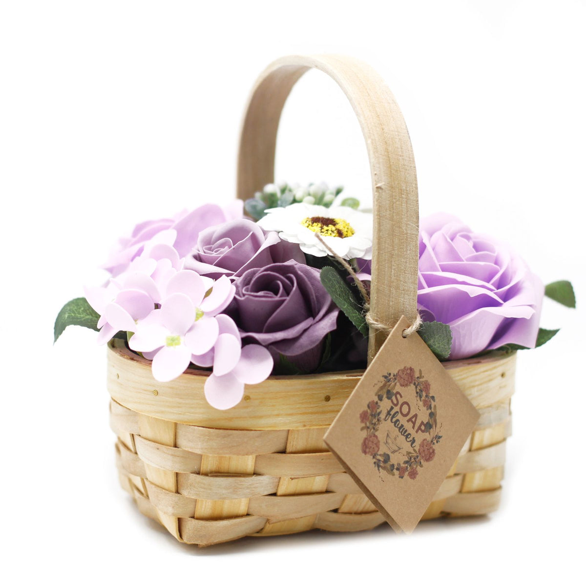 Cesto em Vime com Flores de Sabão Lilás para Banho de Imersão