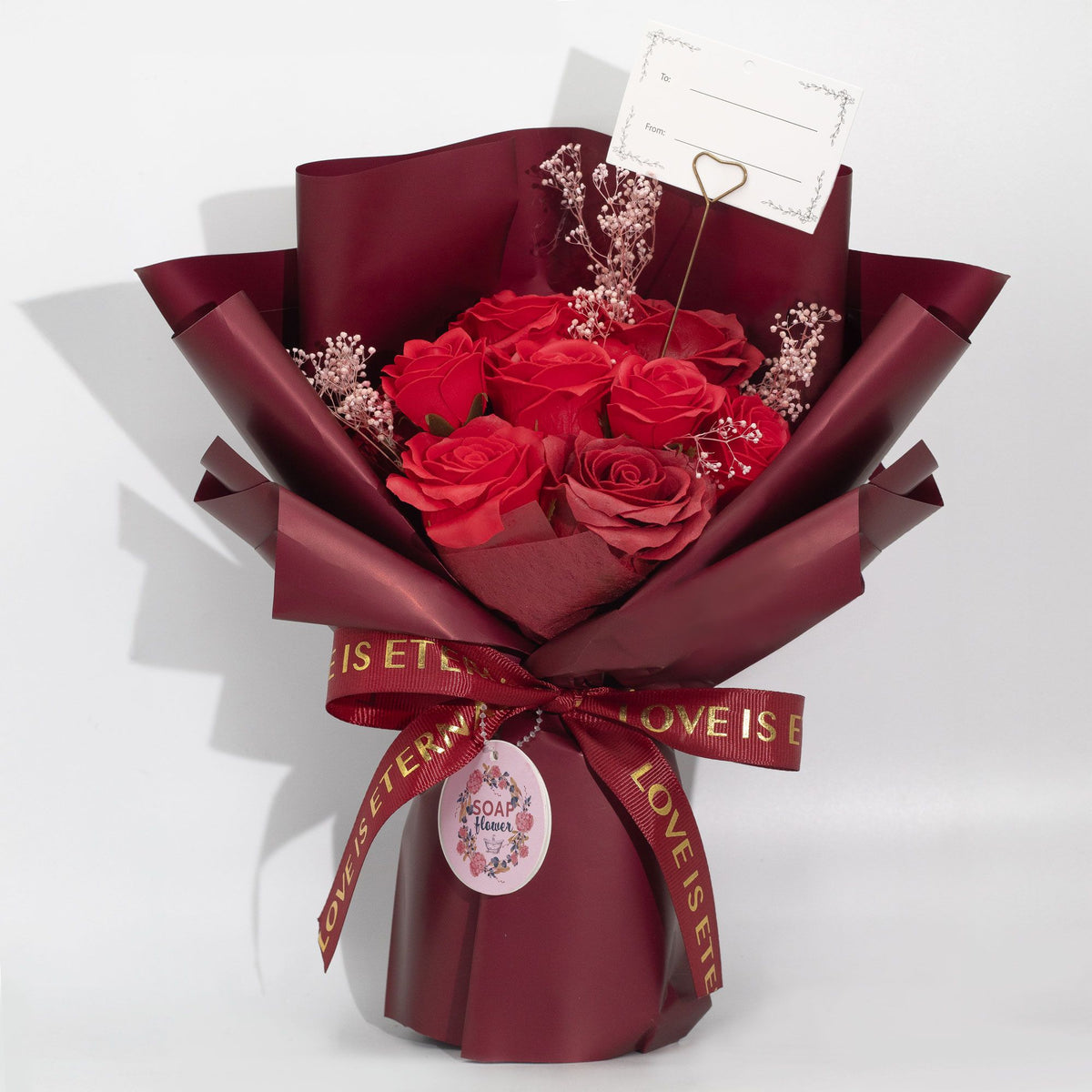 Ramo de Rosas de Sabão com Cartão de Mensagem e Fita Acetinada