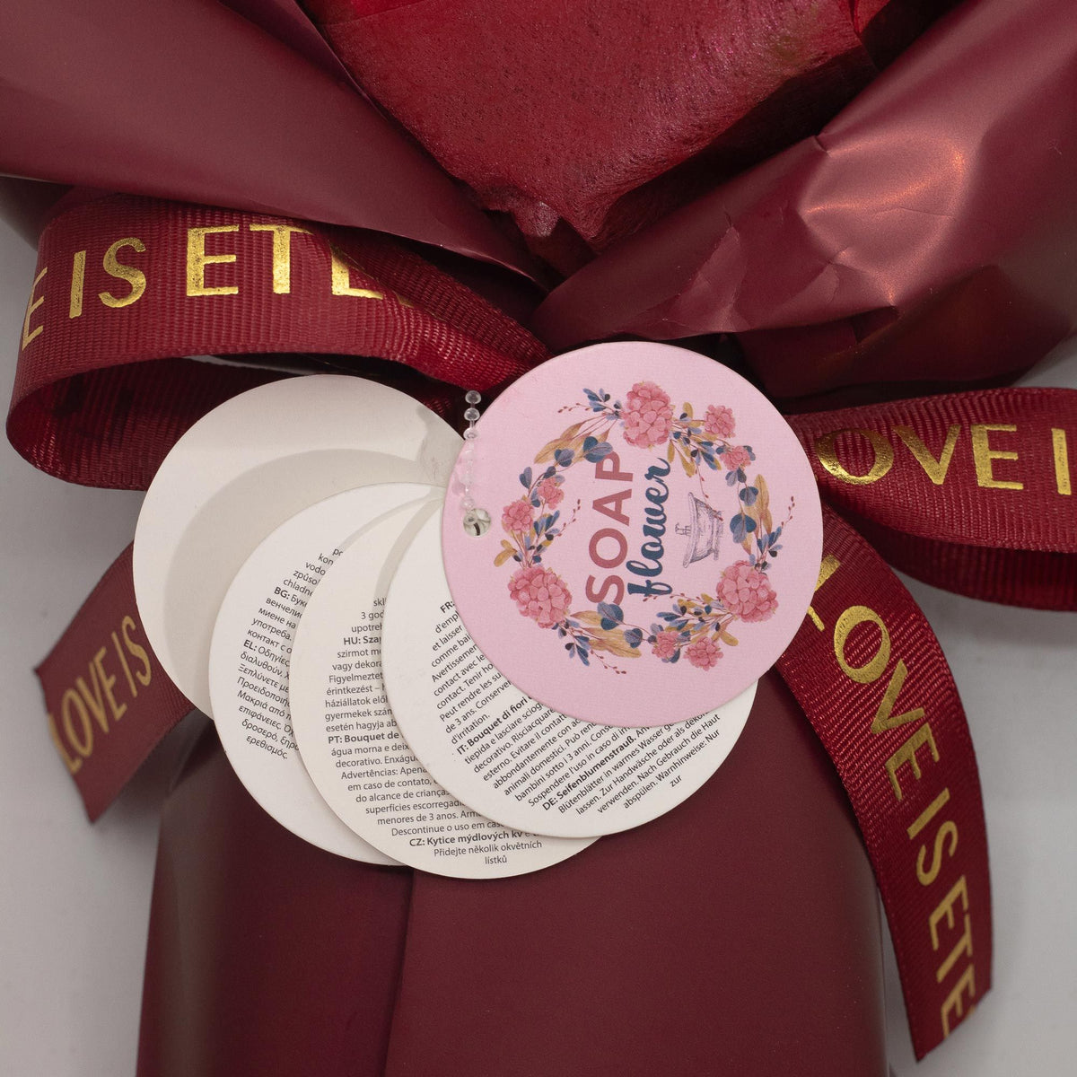 Ramo de Rosas de Sabão com Cartão de Mensagem e Fita Acetinada