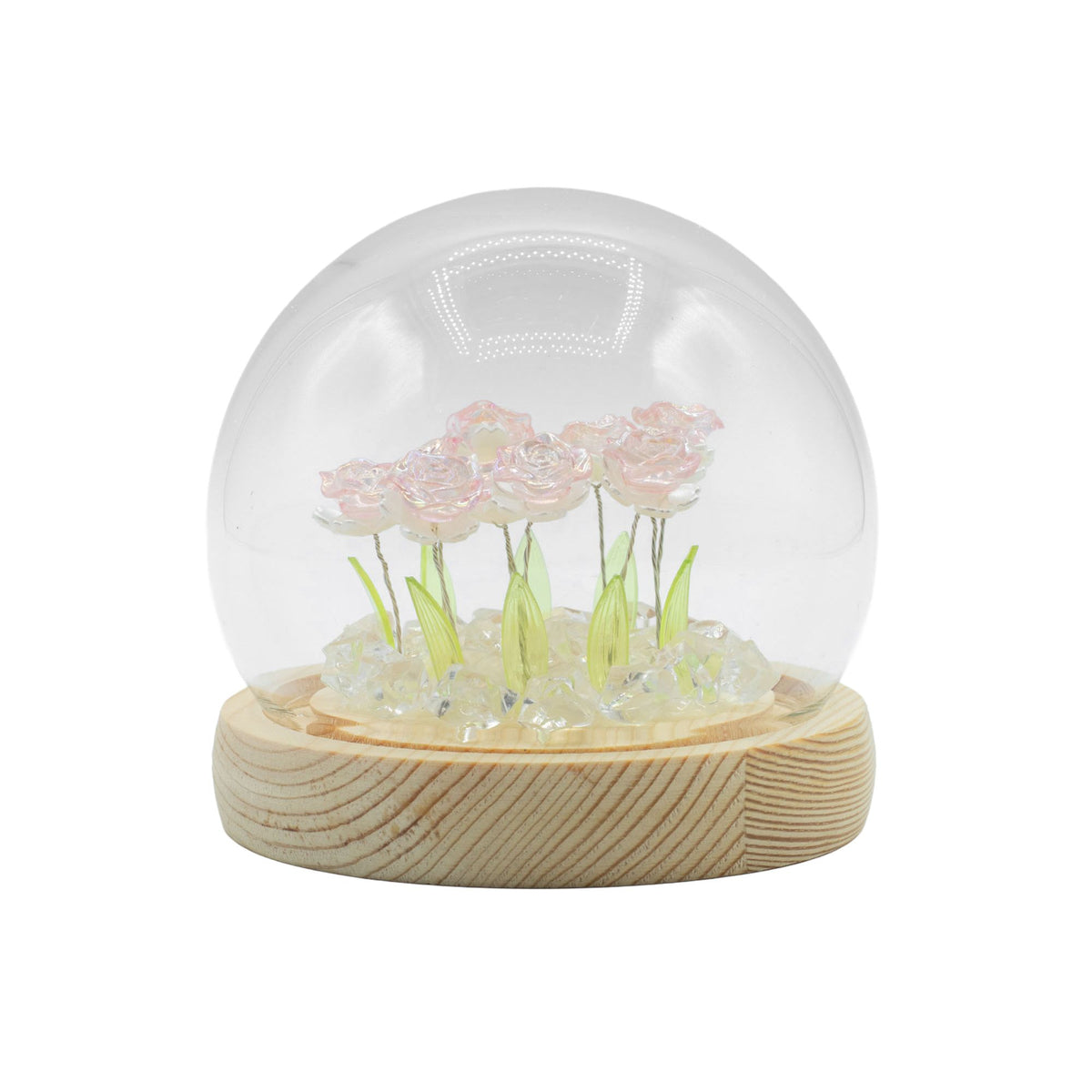 Cúpula de Vidro Floral Glow com Rosas e Luz LED Quente USB