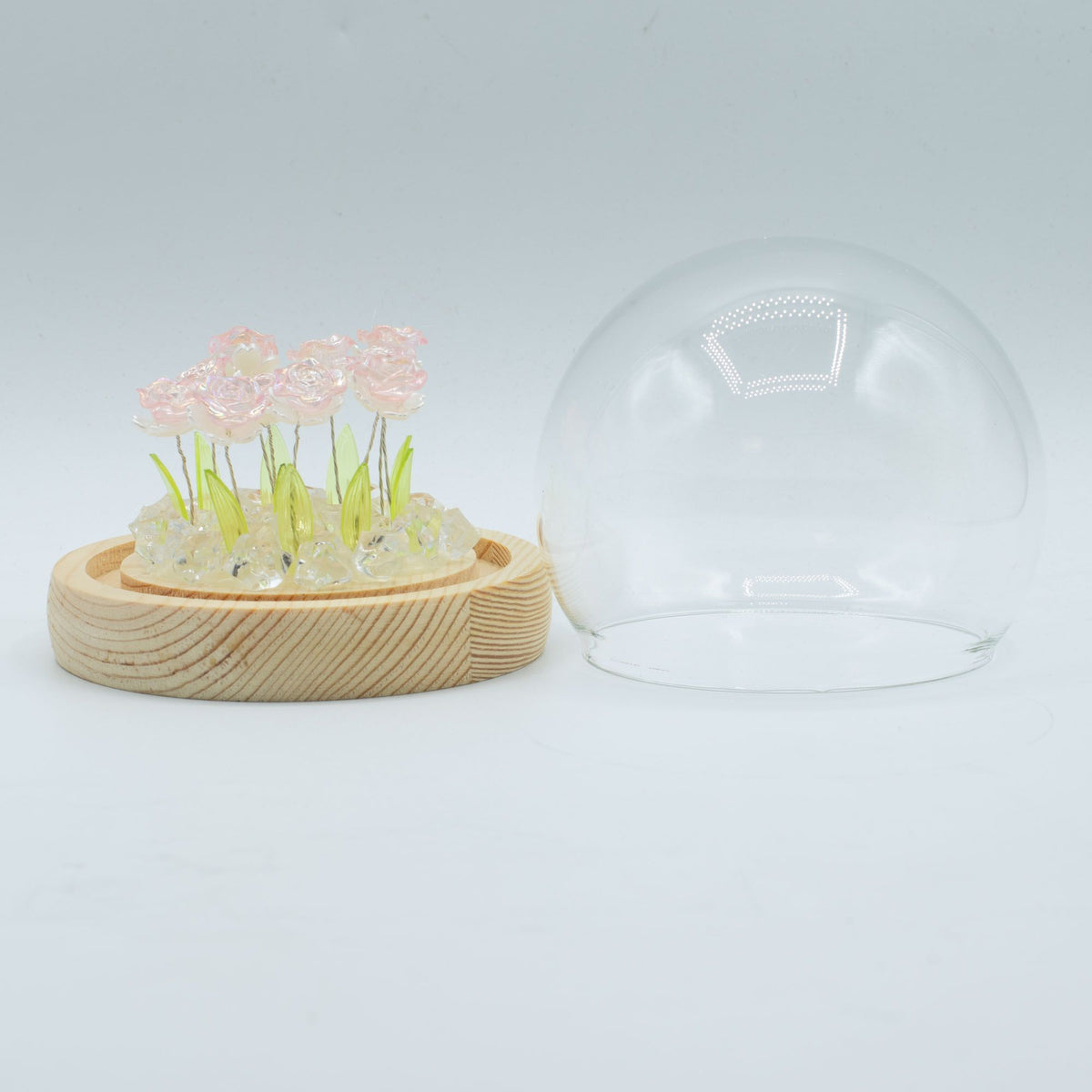 Cúpula de Vidro Floral Glow com Rosas e Luz LED Quente USB