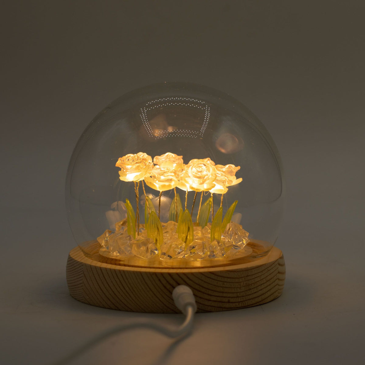 Cúpula de Vidro Floral Glow com Rosas e Luz LED Quente USB