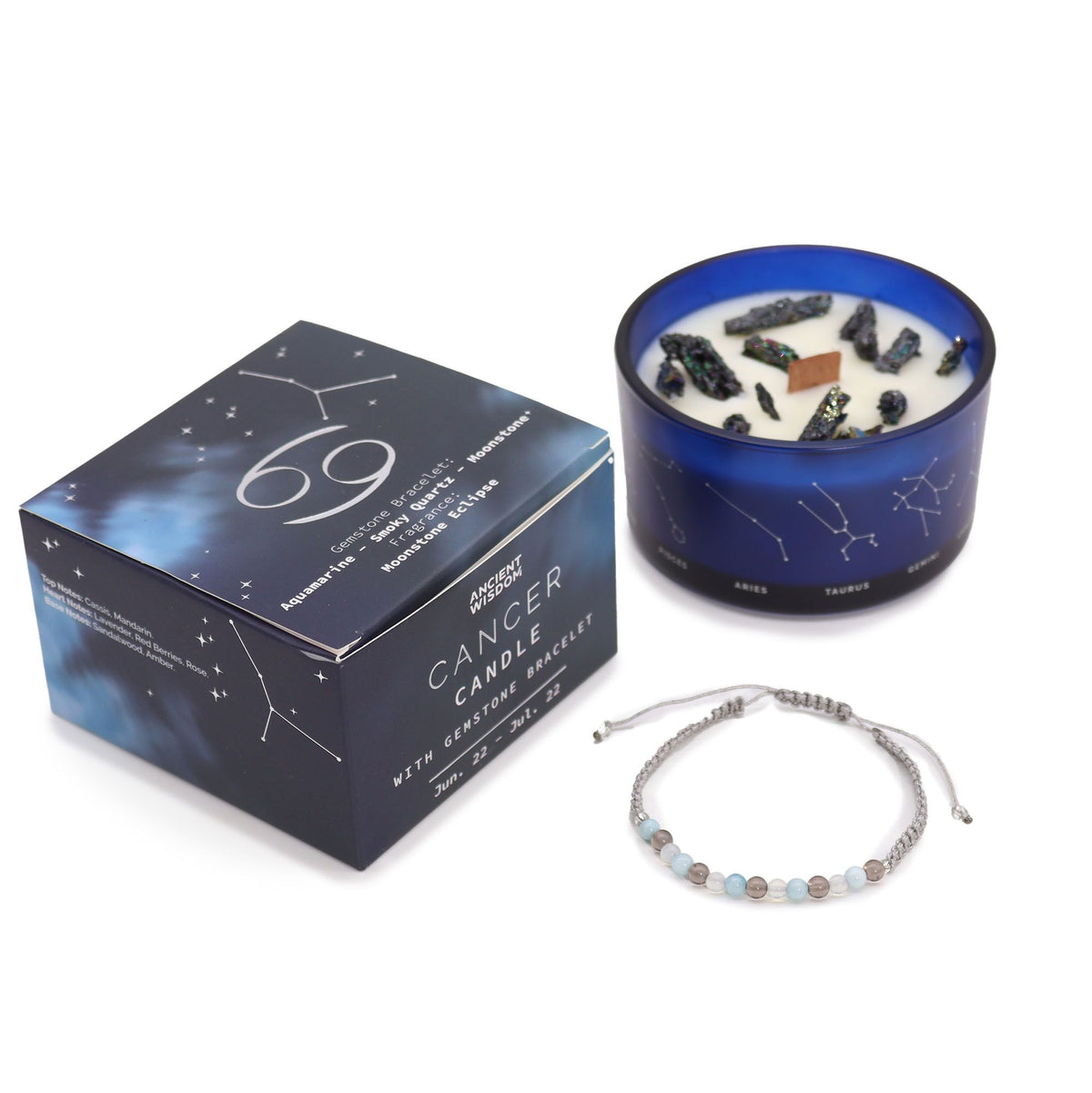 Conjunto Zodíaco Caranguejo: Vela Aromática e Pulseira de Pedras