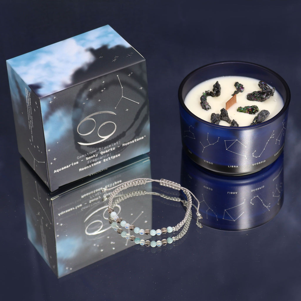 Conjunto Zodíaco Caranguejo: Vela Aromática e Pulseira de Pedras