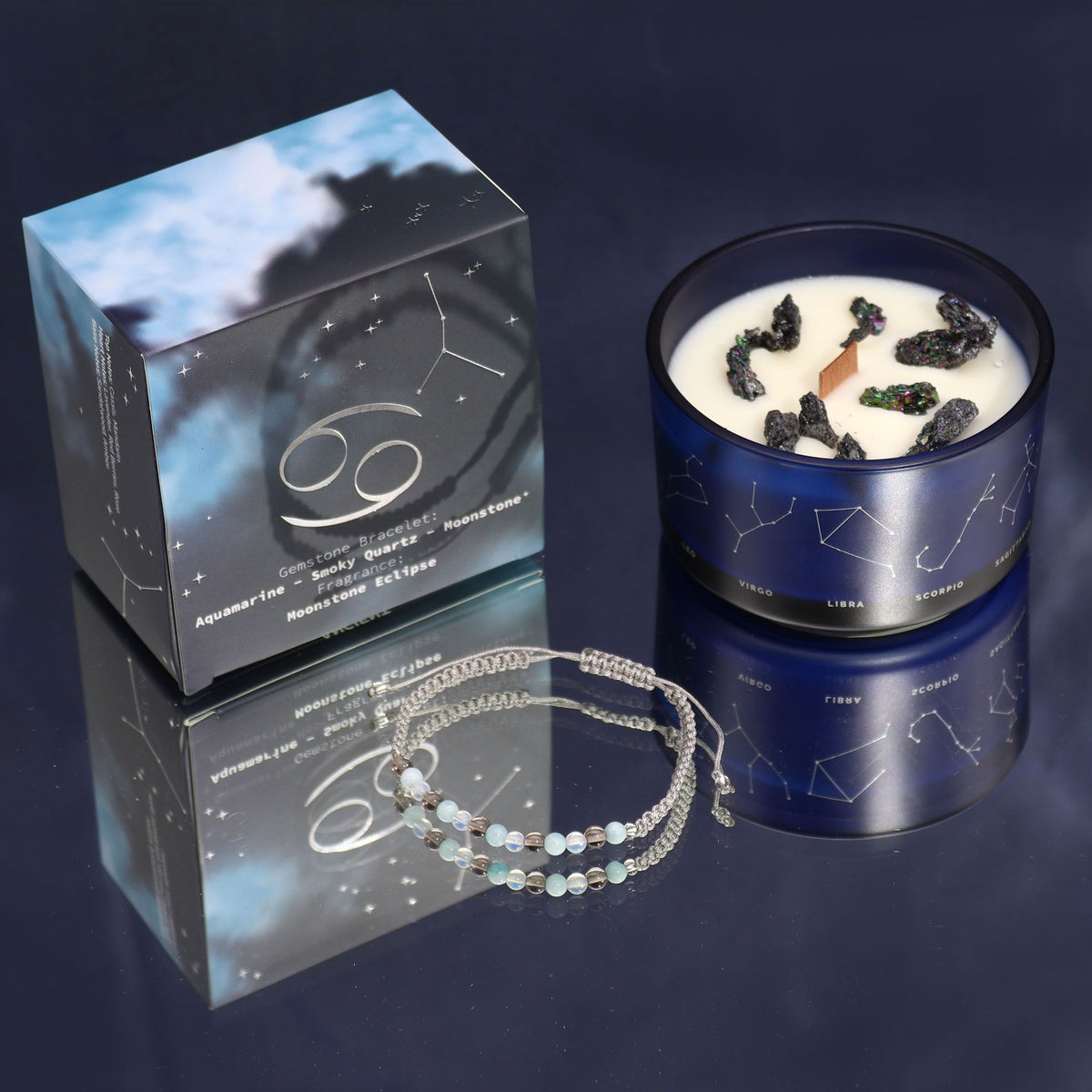 Conjunto Zodíaco Caranguejo: Vela Aromática e Pulseira de Pedras