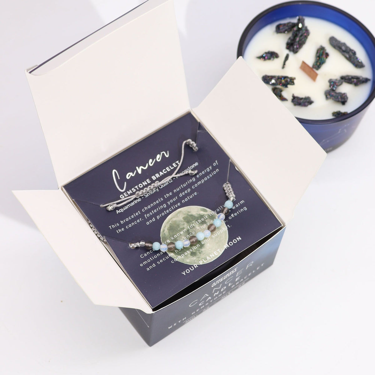 Conjunto Zodíaco Caranguejo: Vela Aromática e Pulseira de Pedras