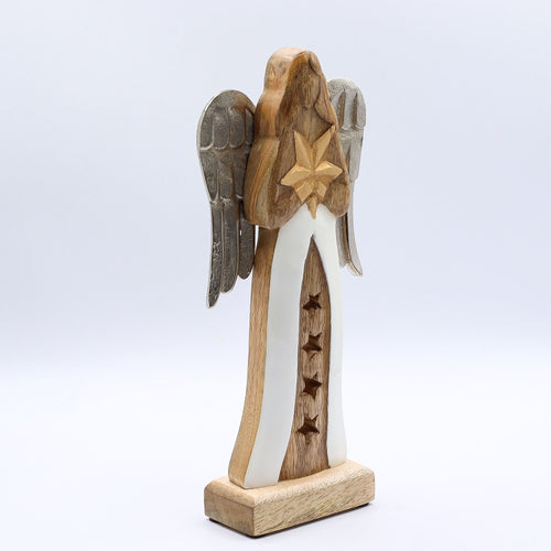 Anjo Decorativo em Madeira de Mangueira e Metal (30 cm)